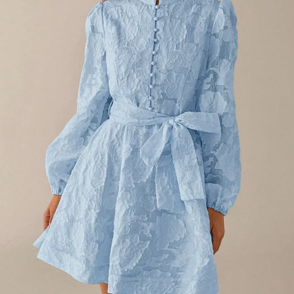 Baby Blue Elegant Women's A-Line Puff Sleeve Short Dress with Stand Collar